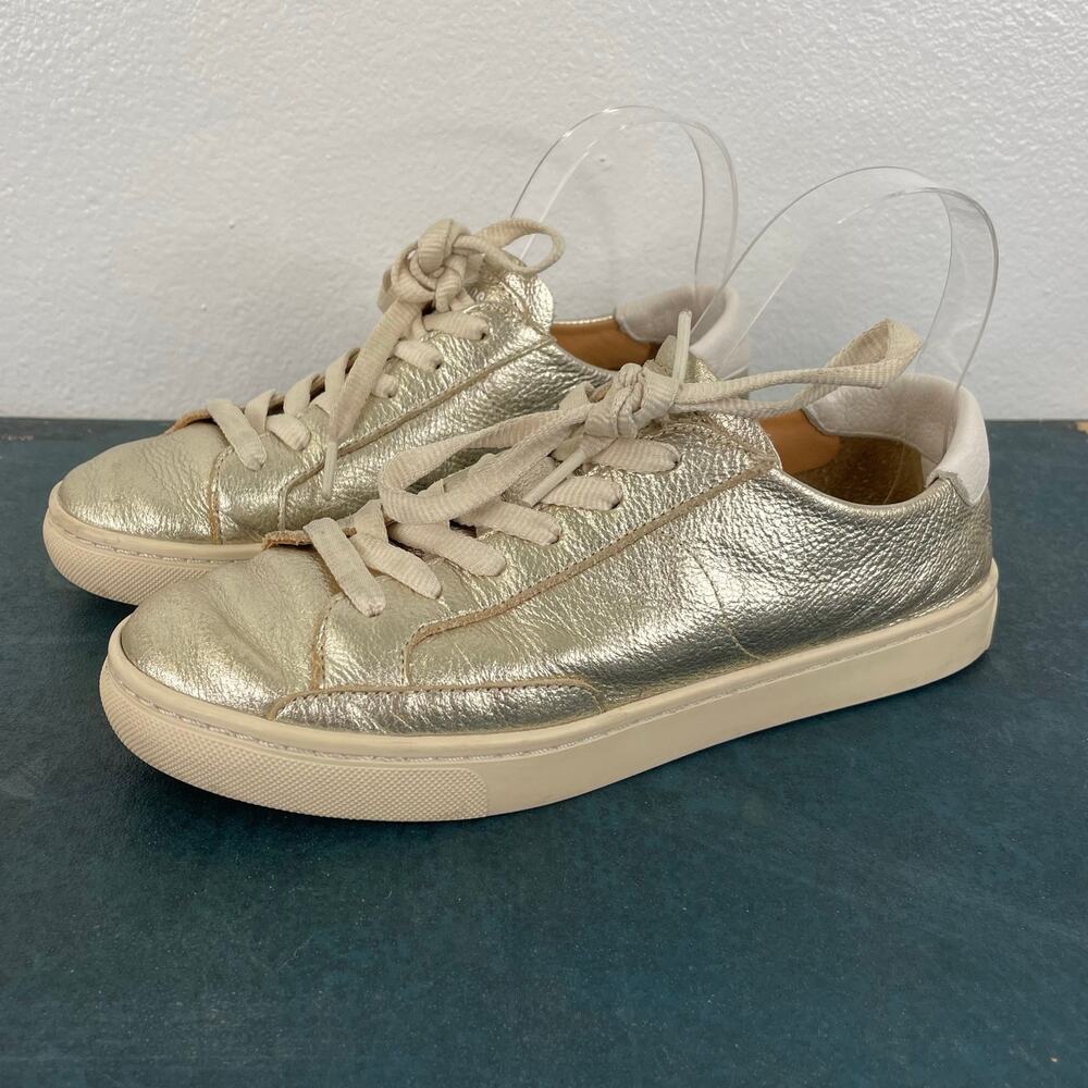 Soludos Ibiza Lace Up Leather Sneakers Gold Size Women's 7.5